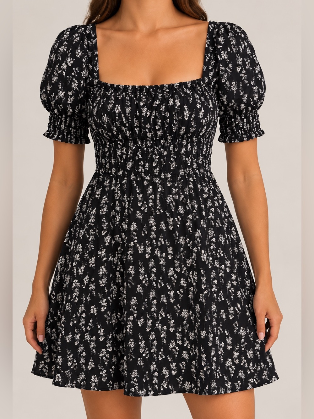 Black Floral Square-Neck Mini Dress with Puff Sleeves